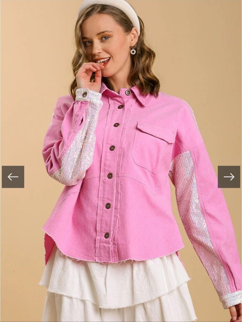Umgee Pink Corduroy Sequin Button Up Shacket Size M